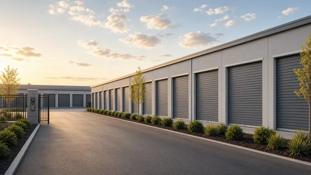 Modern self-storage facility exterior with roll-up doors