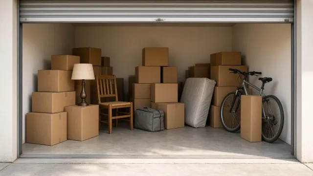 Storage unit with neatly stacked moving boxes